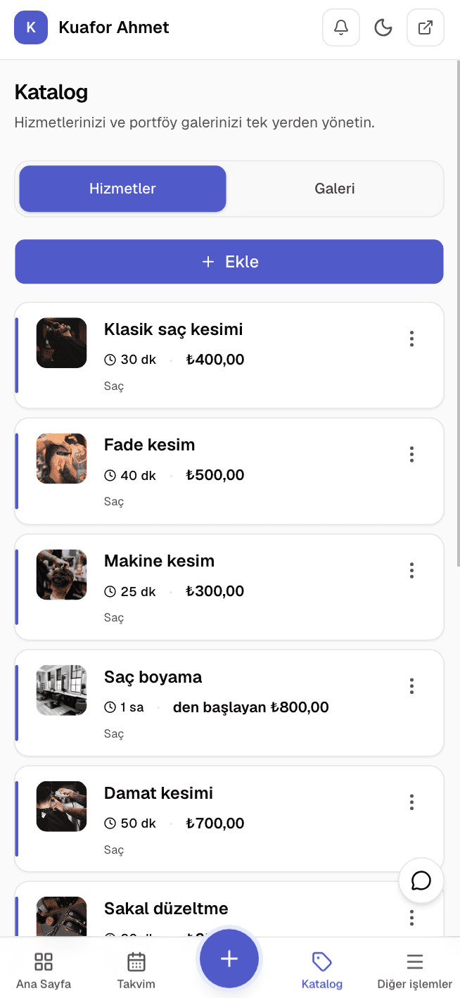 Yanımda.ai paneli katalog ekranı — hizmetler ve fiyatlar